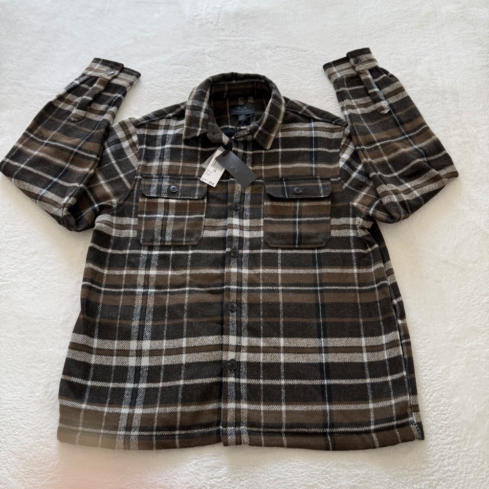 Magaschoni Mens‎ Large Plaid Shacket NWT Brown Button Front Shirt Jacket